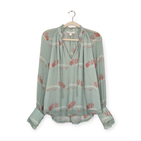 Jonathan Simkhai Aqua Silk Floral Print Ruffle Trim Long Sleeve Blouse - Picture 1 of 8